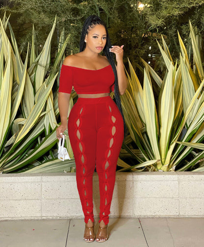 Women Clothing Summer Suit Sexy off the Shoulder Button Two Piece Pants