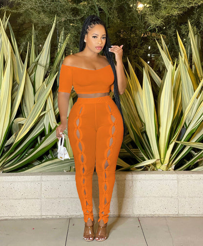 Women Clothing Summer Suit Sexy off the Shoulder Button Two Piece Pants