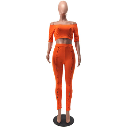 Women Clothing Summer Suit Sexy off the Shoulder Button Two Piece Pants
