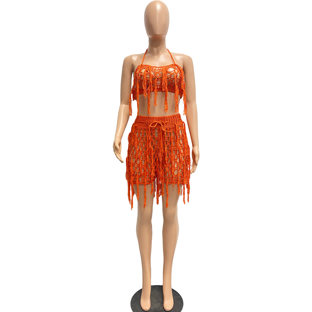 Women Sexy See through Knitted Hand Crochet Tassel Beach Shorts Suit