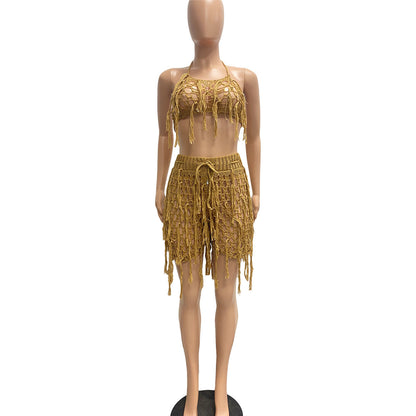 Women Sexy See through Knitted Hand Crochet Tassel Beach Shorts Suit