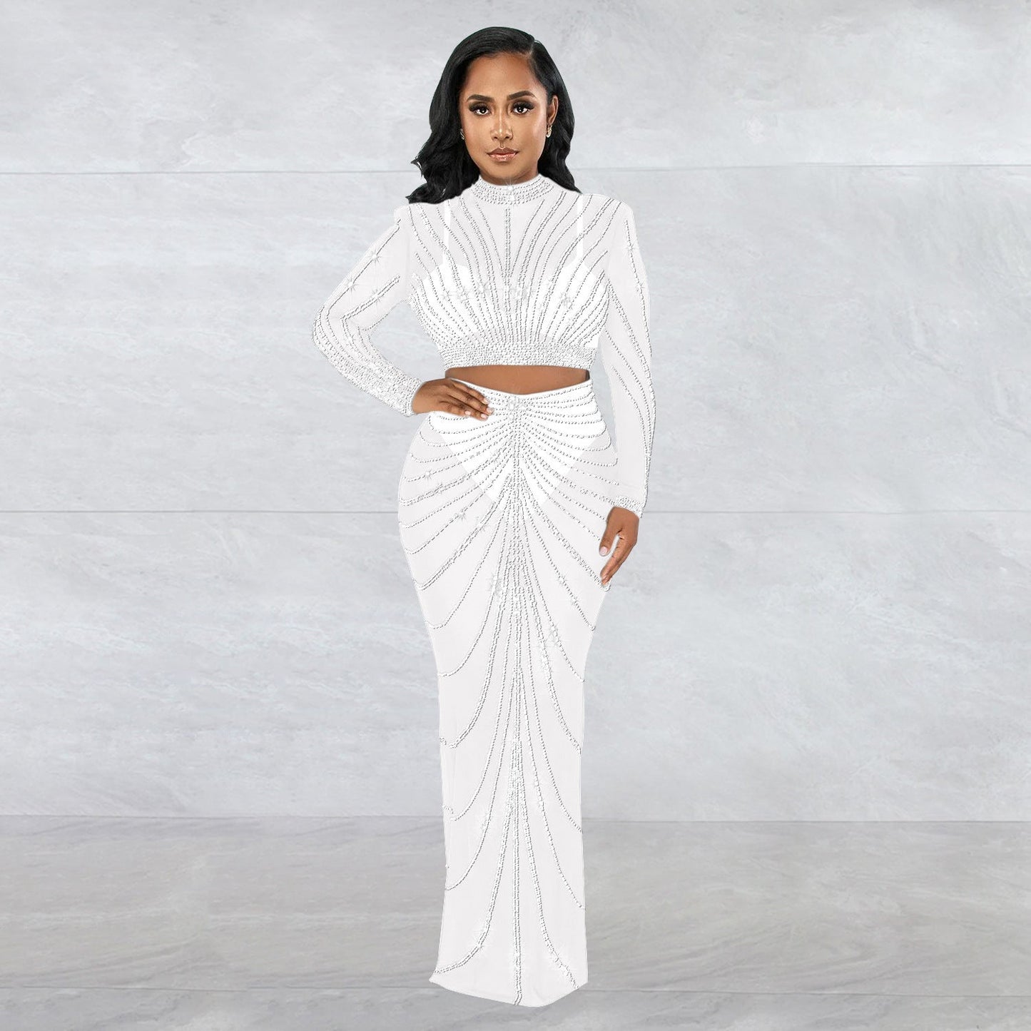 Women Wear Mesh Drilling See through Long Sleeve Dress Two Piece Set