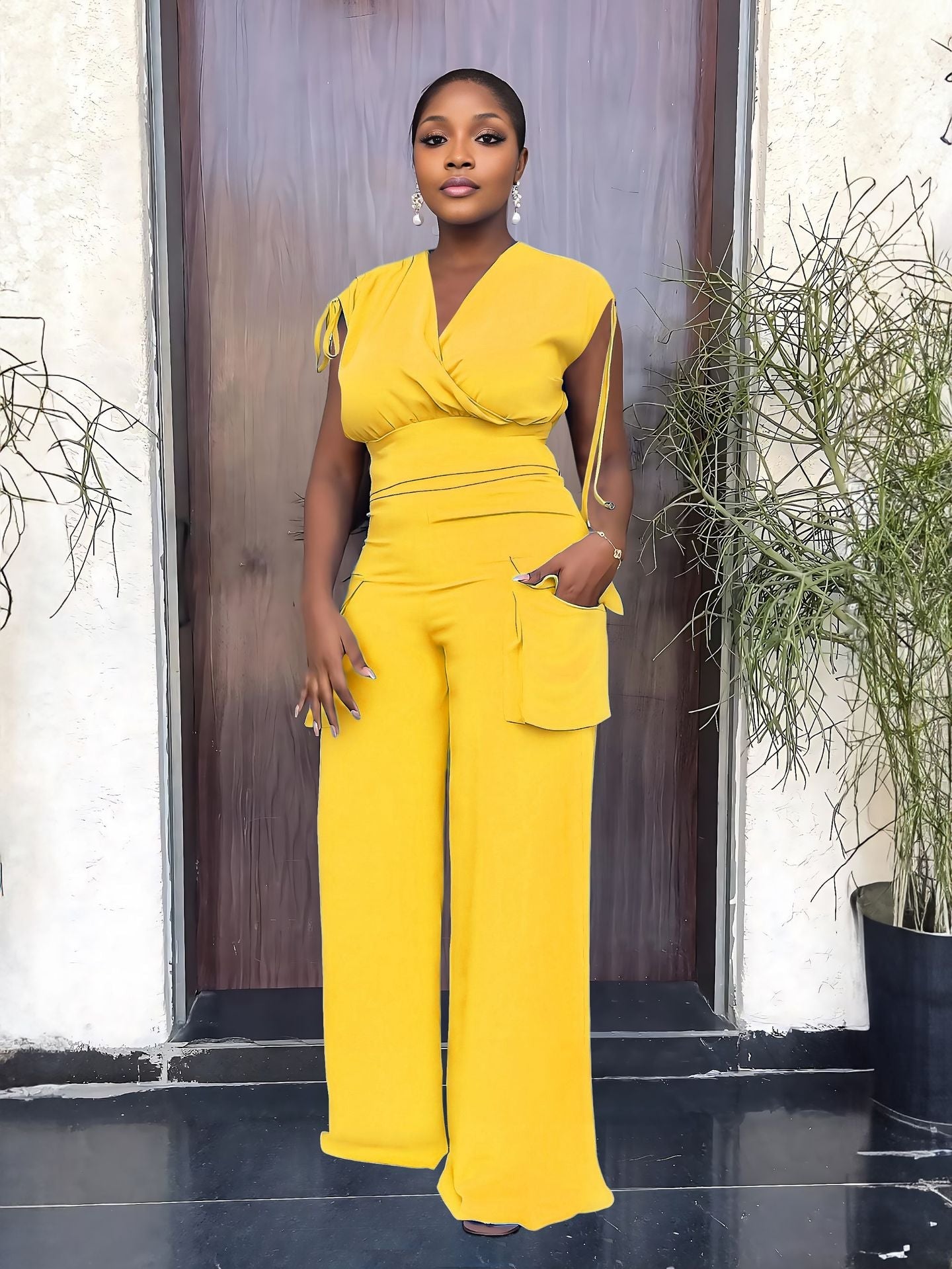 Drawstring Sleeveless Vest High Waist Women Baggy Straight Trousers Two Piece Suit