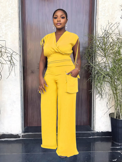 Drawstring Sleeveless Vest High Waist Women Baggy Straight Trousers Two Piece Suit