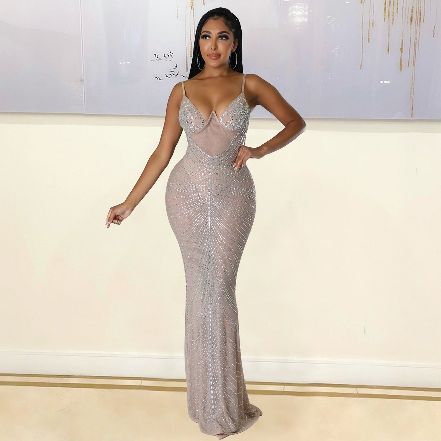 Summer Women Clothing Sexy Mesh Drilling Night Club Slip Dress Women