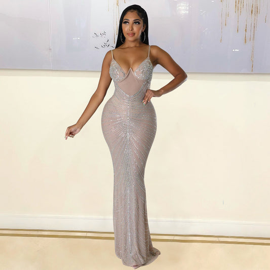 Summer Women Clothing Sexy Mesh Drilling Night Club Slip Dress Women