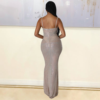 Summer Women Clothing Sexy Mesh Drilling Night Club Slip Dress Women