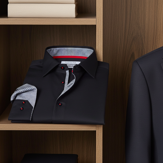 Donny// 棉質針織彈性紐扣襯衫，撞色細節設計// 黑色// 修身版型