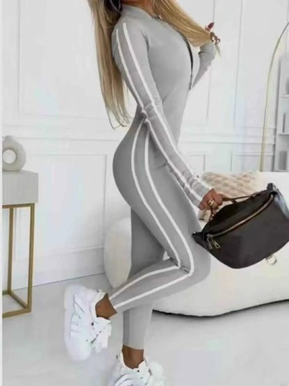 Full Size Stripe Zip-Front : Long Sleeve Jumpsuit Plus Size
