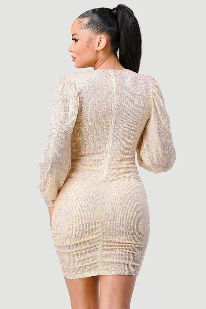 時尚亮片前開襟抽繩主教長袖迷你連身裙