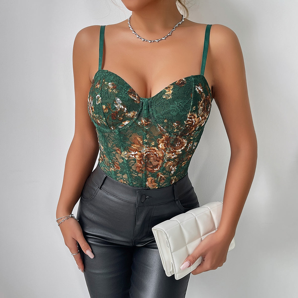 Sexy Women Clothing Embroidered Floral Slim Chest Support Boning Corset Steel Ring Sleeveless Jumpsuit