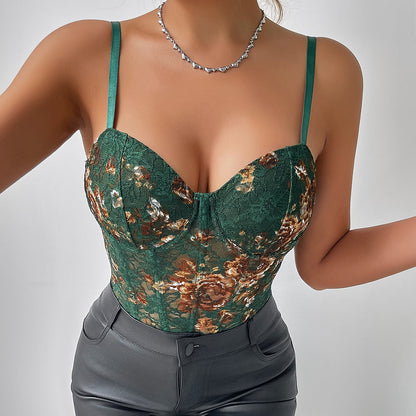 Sexy Women Clothing Embroidered Floral Slim Chest Support Boning Corset Steel Ring Sleeveless Jumpsuit