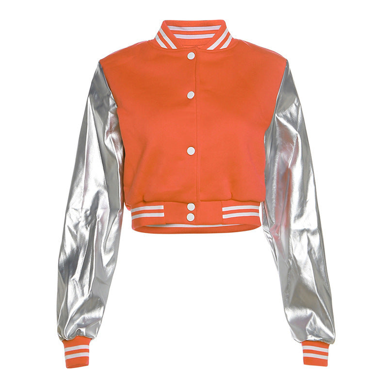Metallic Coated Fabric Fall Women Clothing Embroidery Stitching Slim Jacket Varsity Jacket Jacket