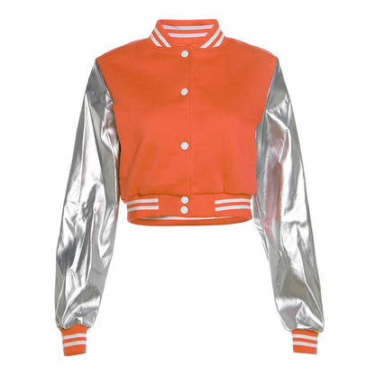 Metallic Coated Fabric Fall Women Clothing Embroidery Stitching Slim Jacket Varsity Jacket Jacket