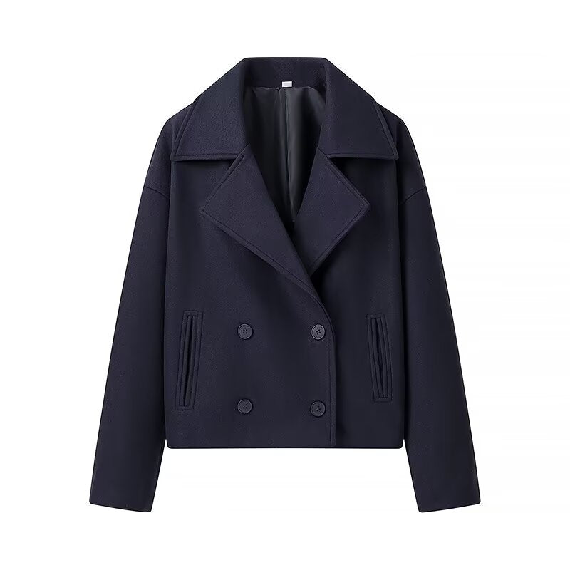 Women Clothing Autumn Winter Casual Collared Double Breasted Woolen Coat Top Women