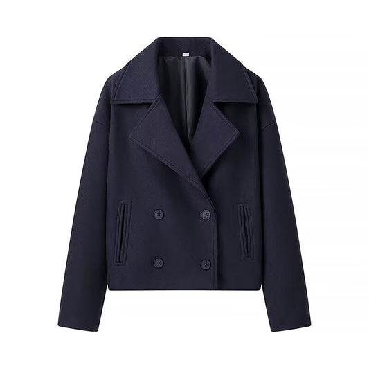 Women Clothing Autumn Winter Casual Collared Double Breasted Woolen Coat Top Women