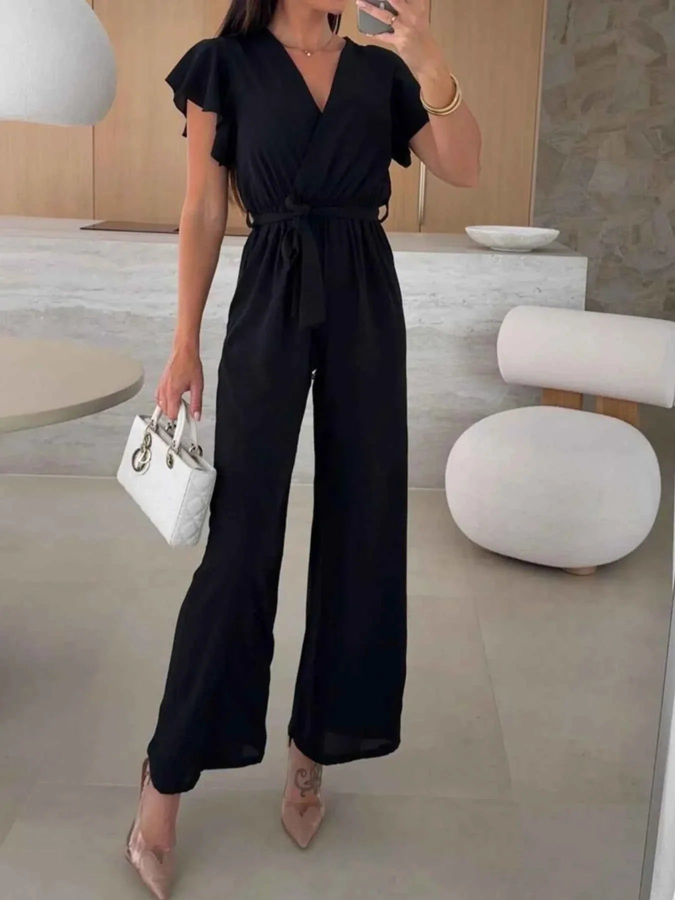 Surplice Wide Leg Belted Jumpsuit