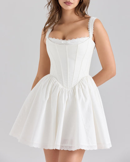 甜美蕾絲別緻蝴蝶結短洋裝 方領性感修身迷你裙