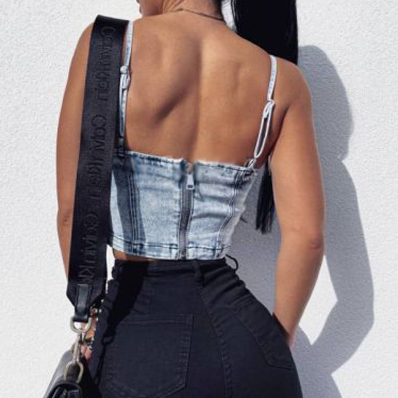 Back Zipper Denim Top Spring Summer Sexy Camisole Body Shaping Tube Top Short Vest