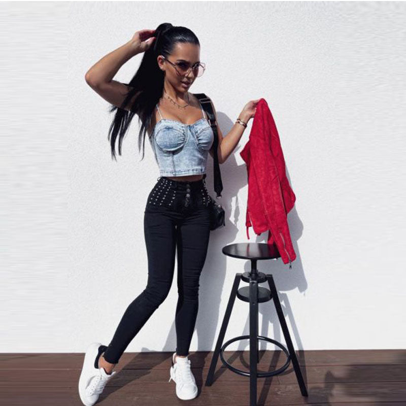 Back Zipper Denim Top Spring Summer Sexy Camisole Body Shaping Tube Top Short Vest