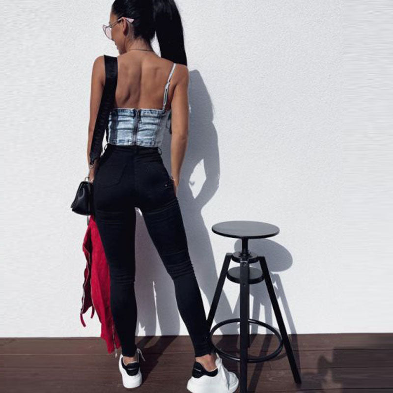 Back Zipper Denim Top Spring Summer Sexy Camisole Body Shaping Tube Top Short Vest