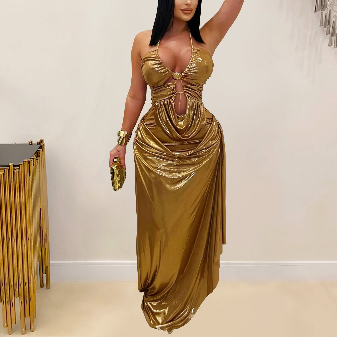 Women Wear Sexy Halter Gold Necklace Maxi Dress