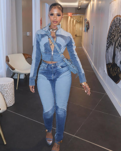 Women Sexy Highly Stretch Stitching Contrast Color Washed Denim Casual Two Piece Set