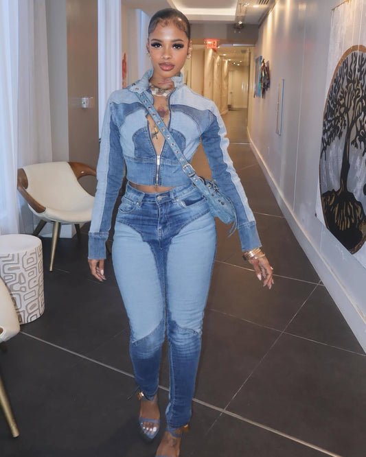 Women Sexy Highly Stretch Stitching Contrast Color Washed Denim Casual Two Piece Set