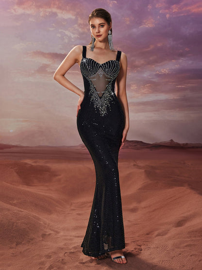Women Sequin Drilling See through Sexy Evening Dress Sleeveless Slim Fit Elegant Fishtail Dress