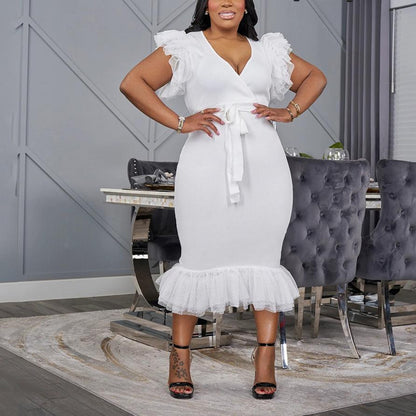 Sexy V neck Solid Color Dress Mesh Pleated Slim Fit Hip Dress