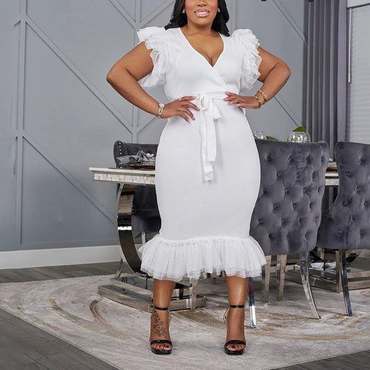 性感V領純色網紗褶皺修身提臀連身裙