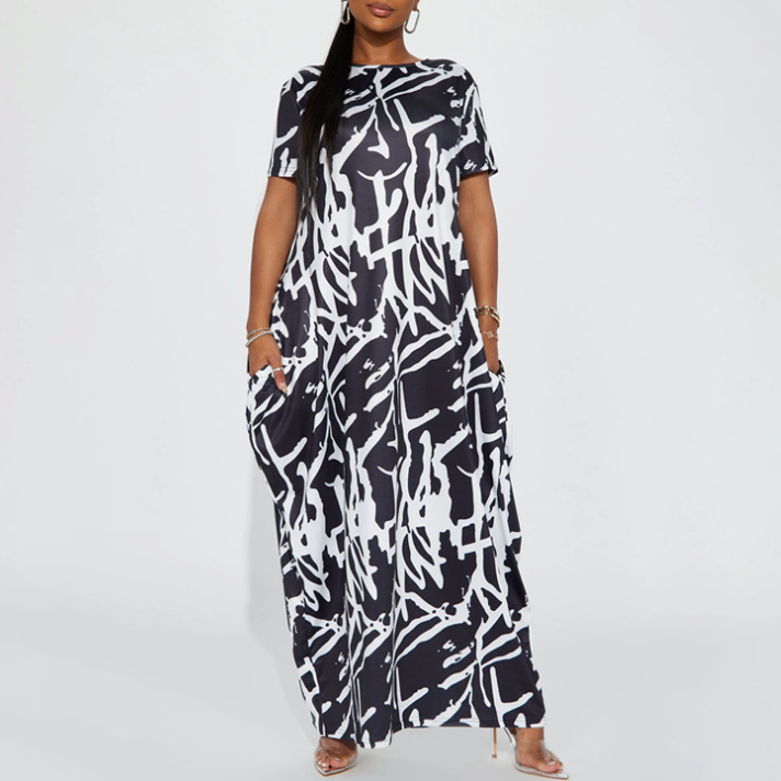 Casual Outing Abstract Printing Black White Short Sleeved Dress