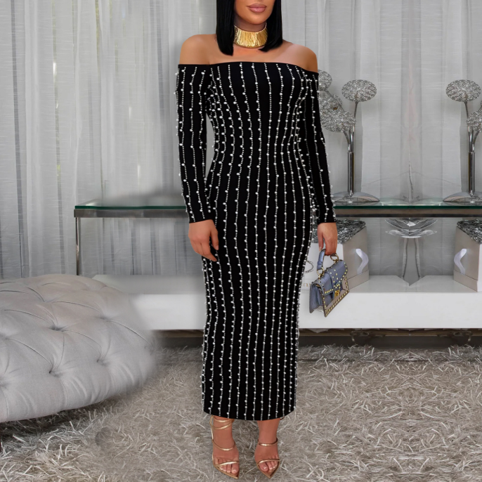 Women Wear Elegant Long Sleeve Tube Top Drilling Arm Covering Dress