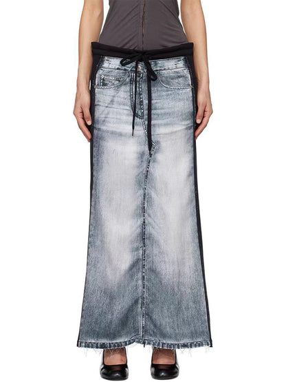 Suéter de mezclilla desgastado con estampado de parche, falda larga, diseño de nicho de deconstrucción de primavera y verano para mujer