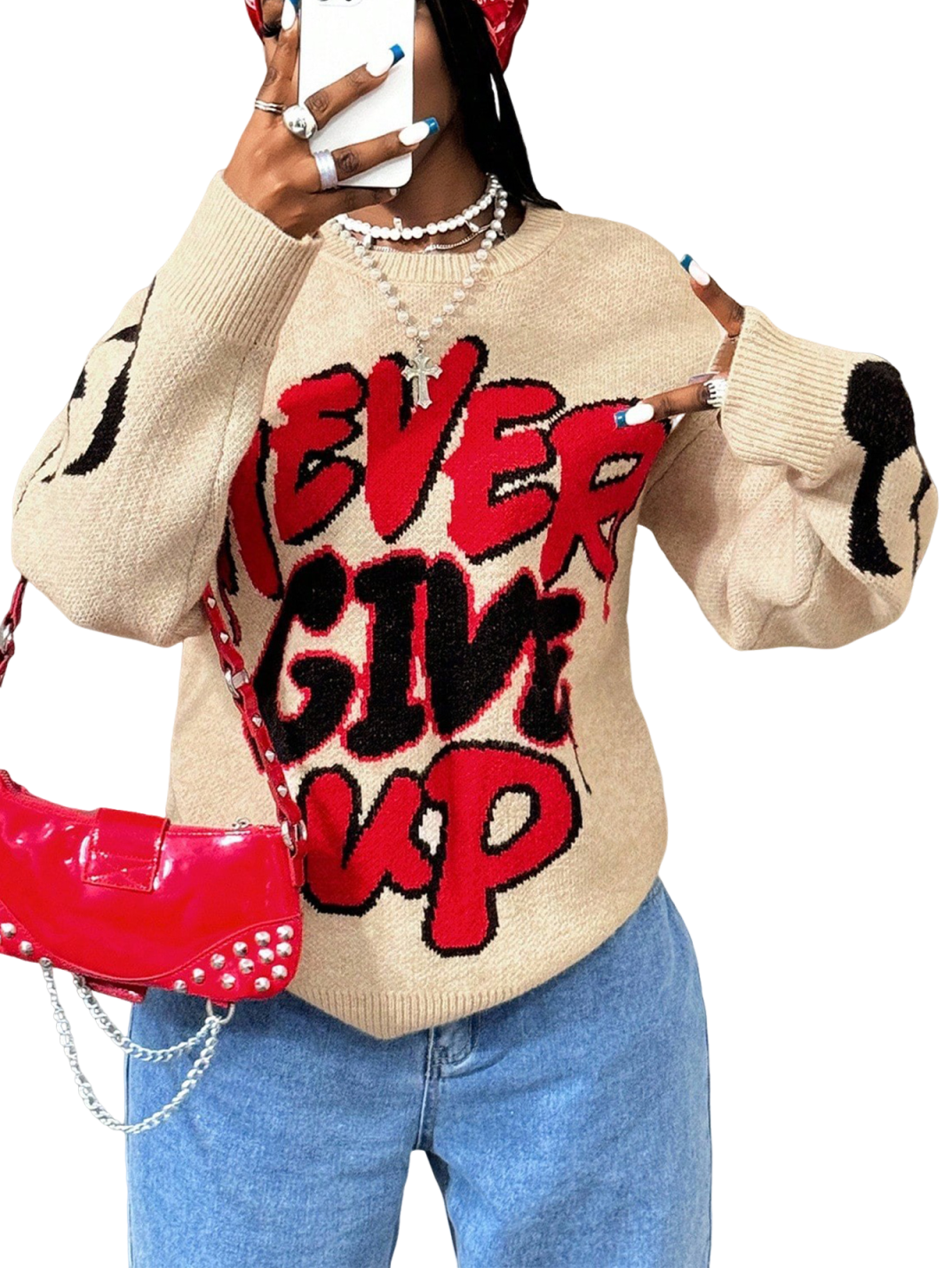 Women High Elastic Loose Long Sleeve Letters Pullover Knitted Sweater