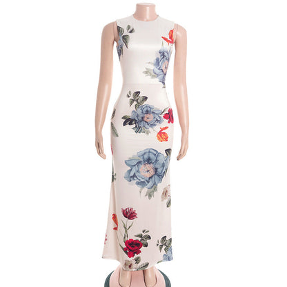 Fashionable Elegant round Neck Sleeveless Pullover Plant Floral Print Slim Fit Maxi Dress