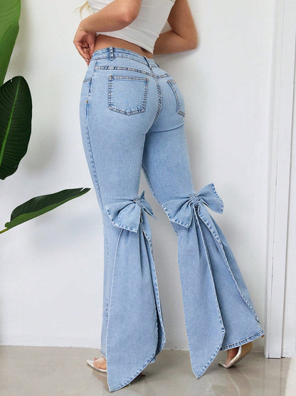 Retro Three Dimensional Bow Slim Fit Elastic Mop Denim Bell Bottom Pants
