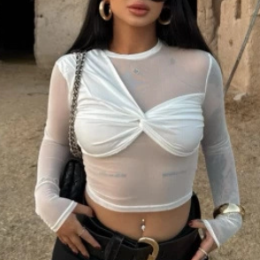 Ropa de mujer, top corto sexy de cuello redondo con malla transparente y manga larga con costuras de nicho para niñas