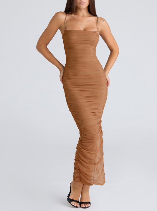 Vestido maxi sexy de malla elástica fruncida, vestido ajustado con cintura ajustada y camisola