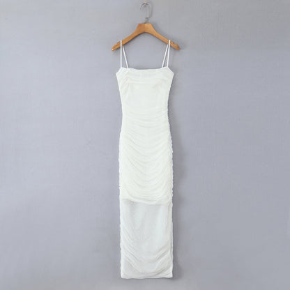 Sexy Stretch Mesh Ruched Maxi Dress Dress Tight Waist Slim Fit Sheath Cami Dress