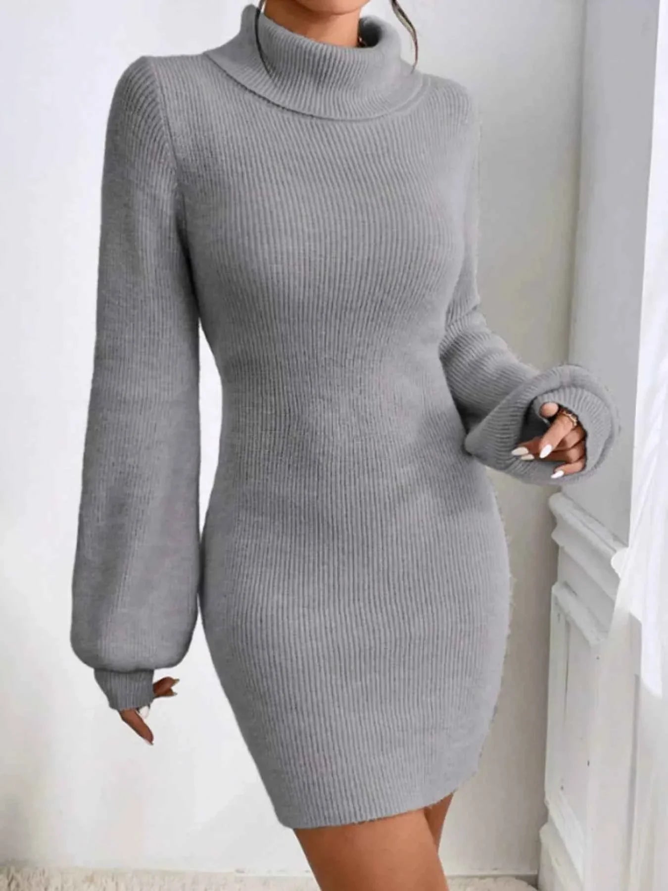 Turtleneck Ribbed Knit Sweater Dress