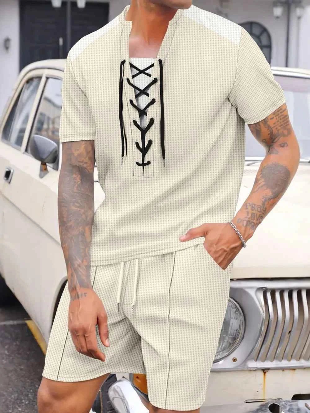 Men's Lace-Up Set Waffle Knit Two-Piece Outfit Plus Size