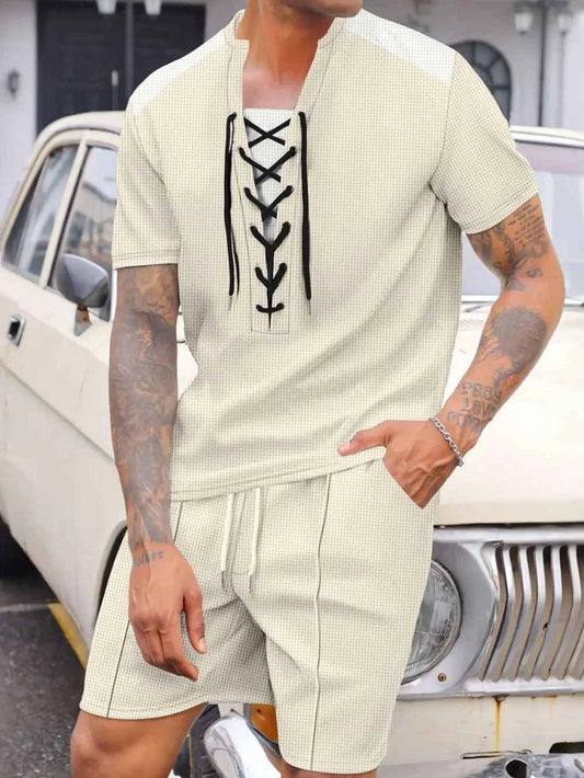 Men's Lace-Up Set Waffle Knit Two-Piece Outfit Plus Size