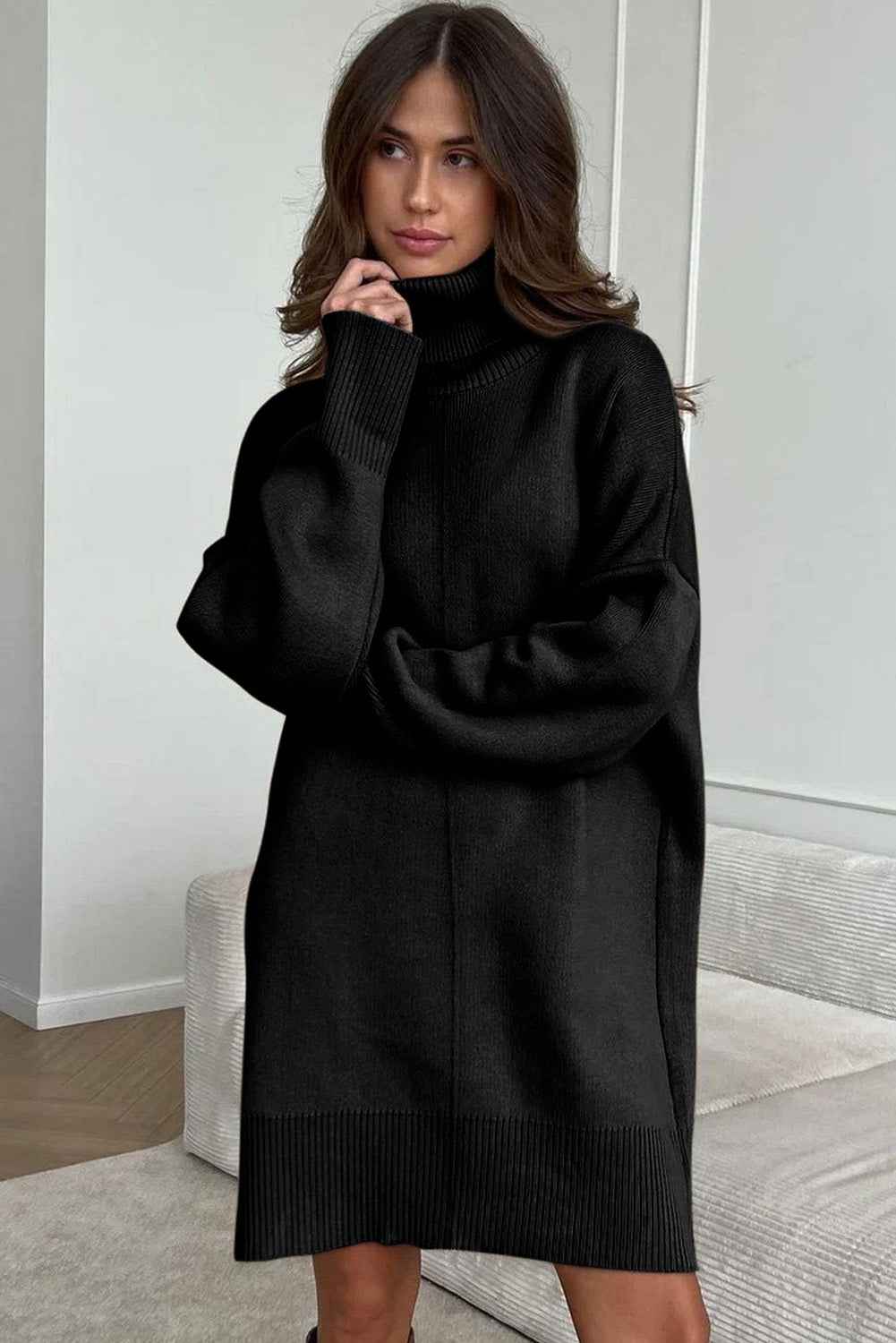 Black Solid Color Turtleneck Drop Shoulder Loose Sweater Dress