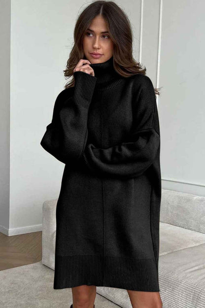 Black Solid Color Turtleneck Drop Shoulder Loose Sweater Dress