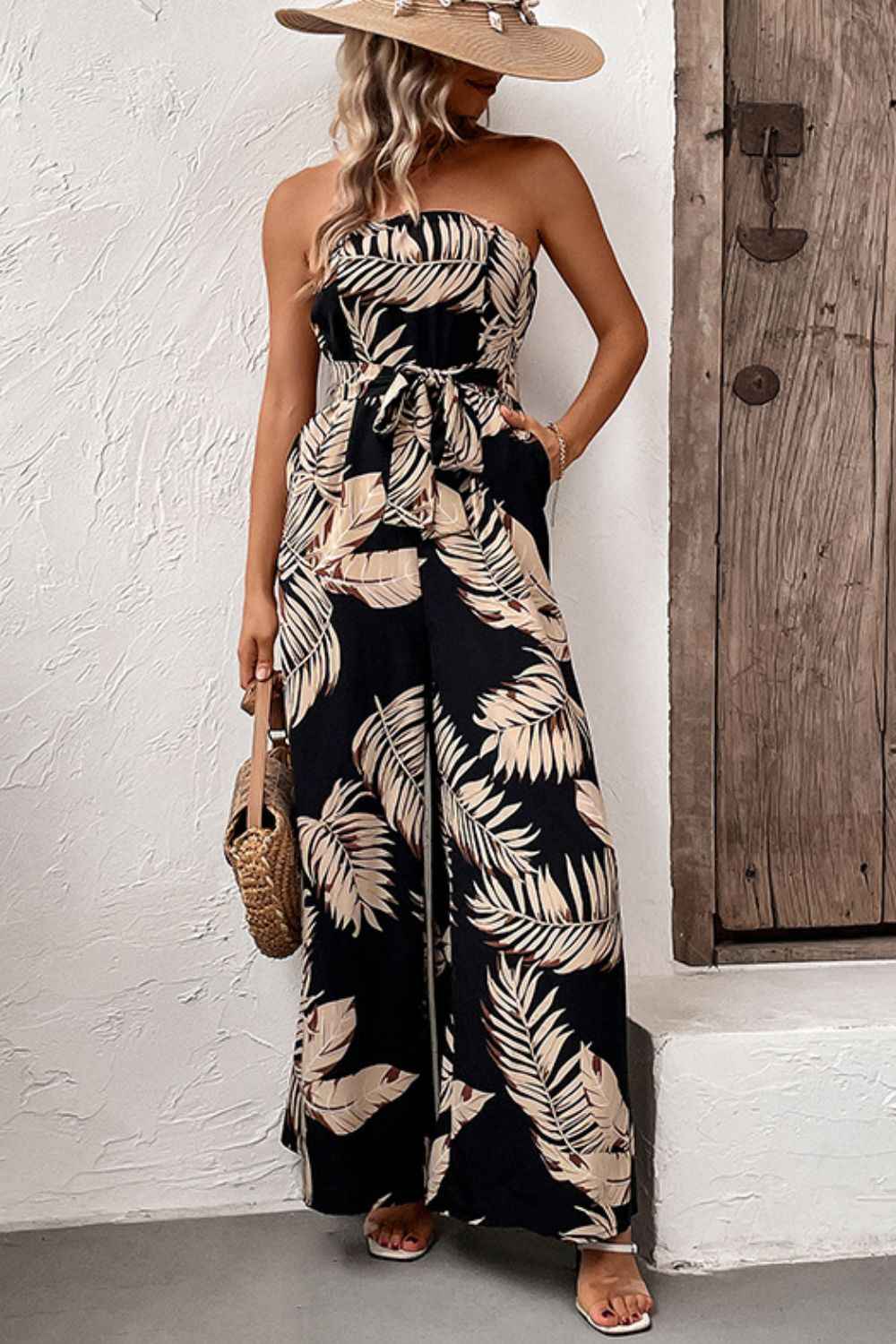 Perfee Printed Strapless : Wide Leg Jumpsuit with Pockets