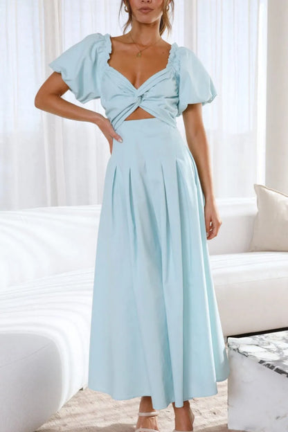 甜美寧靜泡泡袖中長連身裙