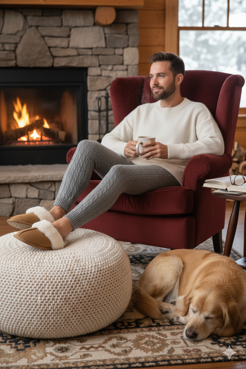 男士毛絨仿麂皮飾邊拖鞋
