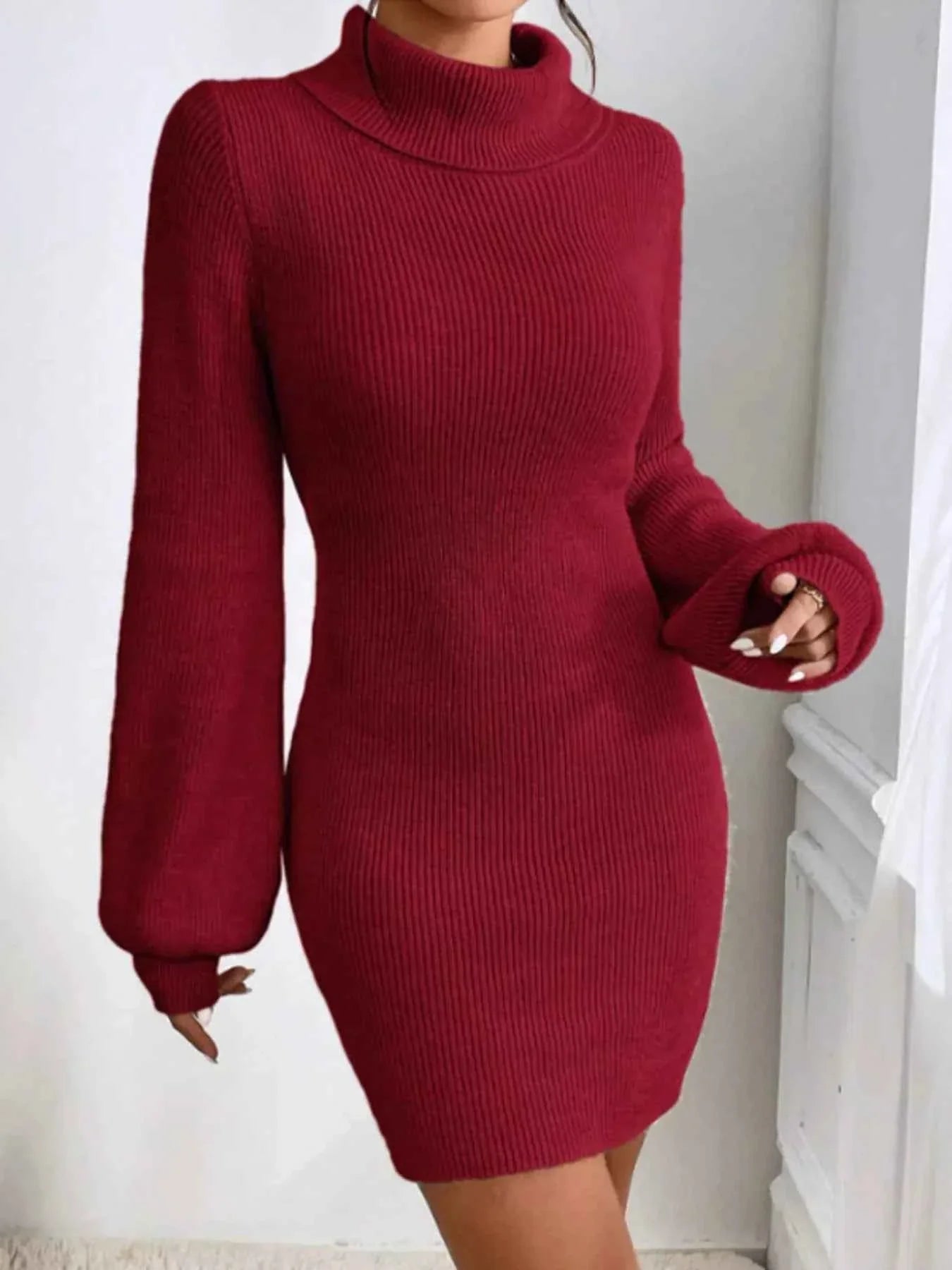 Turtleneck Ribbed Knit Sweater Dress