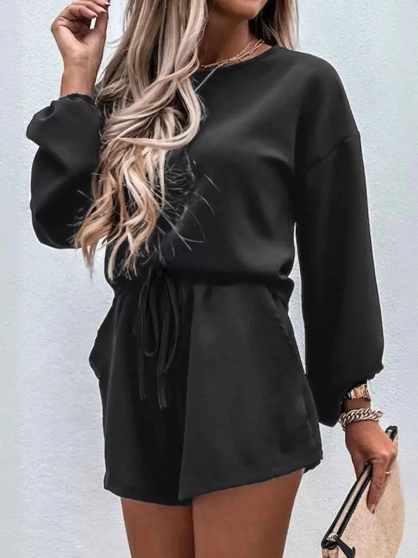 Casual Solid Color Top and Drawstring Shorts Two-Piece Set